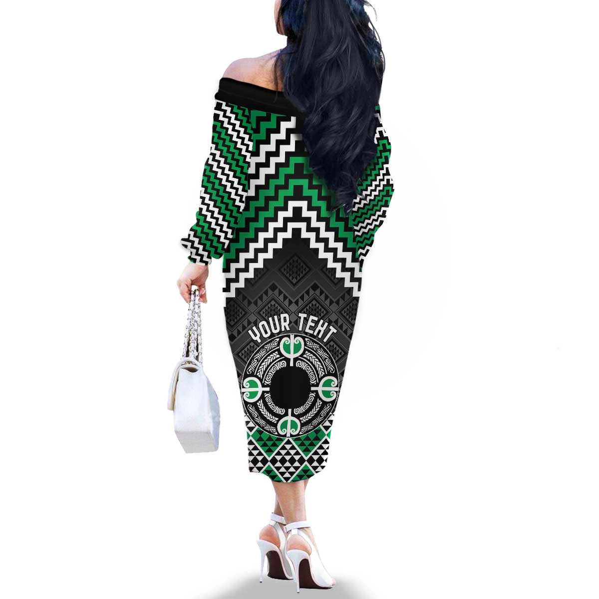 Personalised Aotearoa Niho Taniwha Motif Family Matching Off The Shoulder Long Sleeve Dress and Hawaiian Shirt Green Style