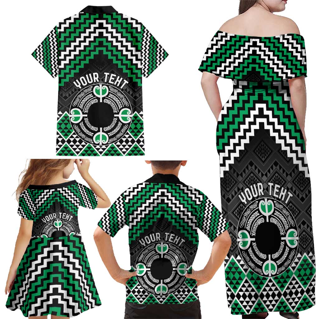Personalised Aotearoa Niho Taniwha Motif Family Matching Off Shoulder Maxi Dress and Hawaiian Shirt Green Style