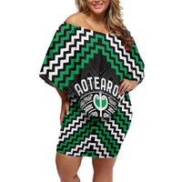 Personalised Aotearoa Niho Taniwha Motif Family Matching Off Shoulder Short Dress and Hawaiian Shirt Green Style