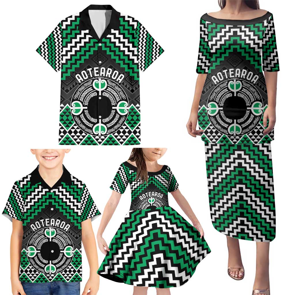 Personalised Aotearoa Niho Taniwha Motif Family Matching Puletasi and Hawaiian Shirt Green Style