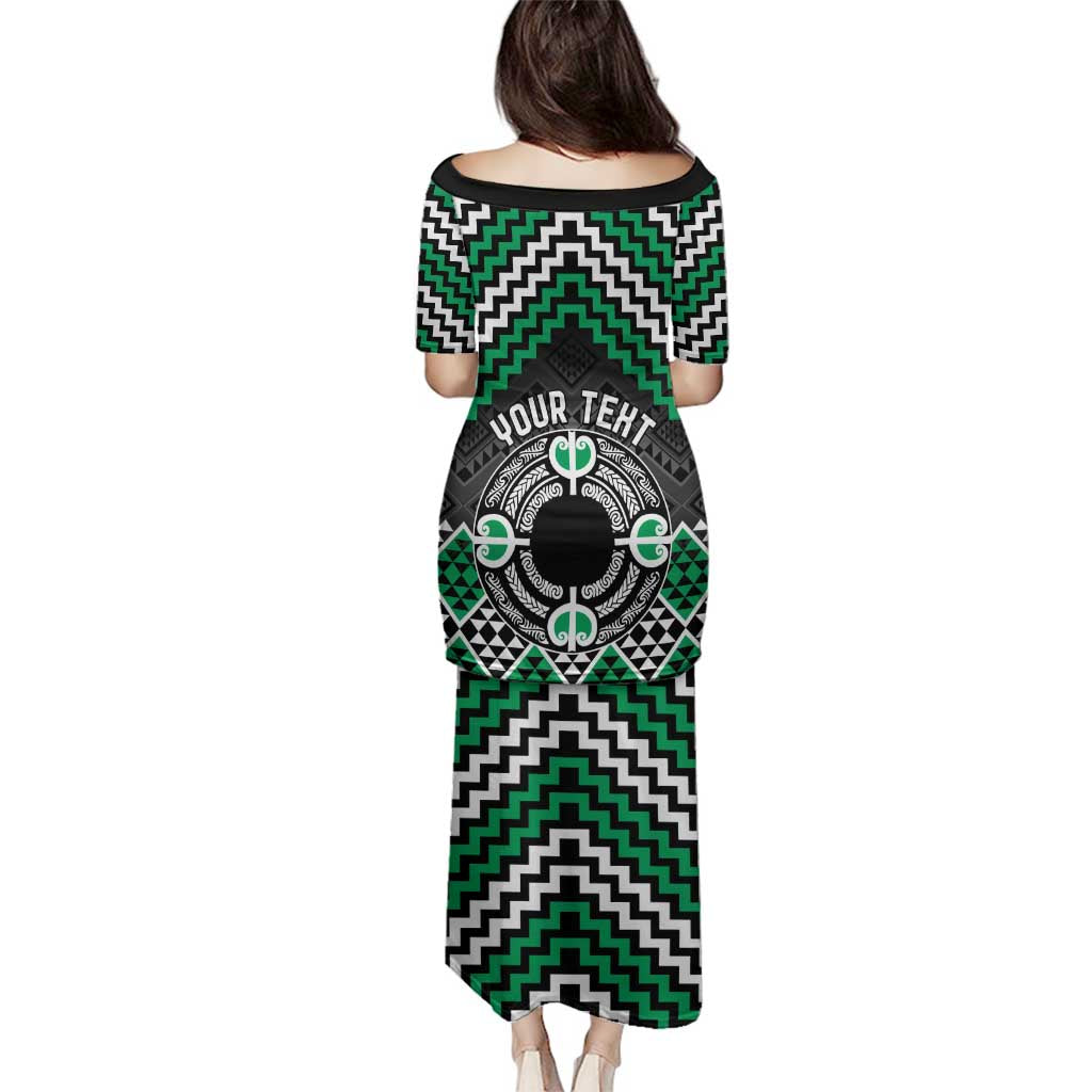 Personalised Aotearoa Niho Taniwha Motif Family Matching Puletasi and Hawaiian Shirt Green Style