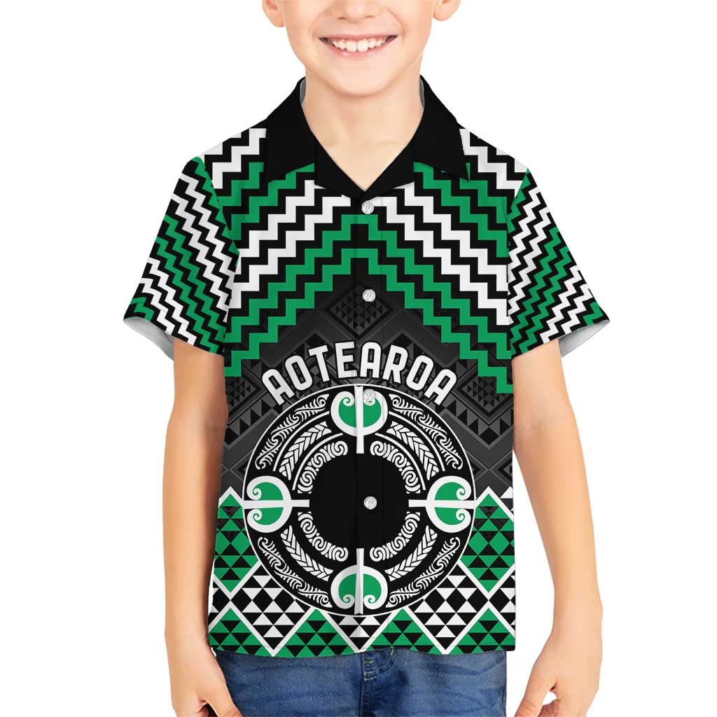 Personalised Aotearoa Niho Taniwha Motif Family Matching Puletasi and Hawaiian Shirt Green Style