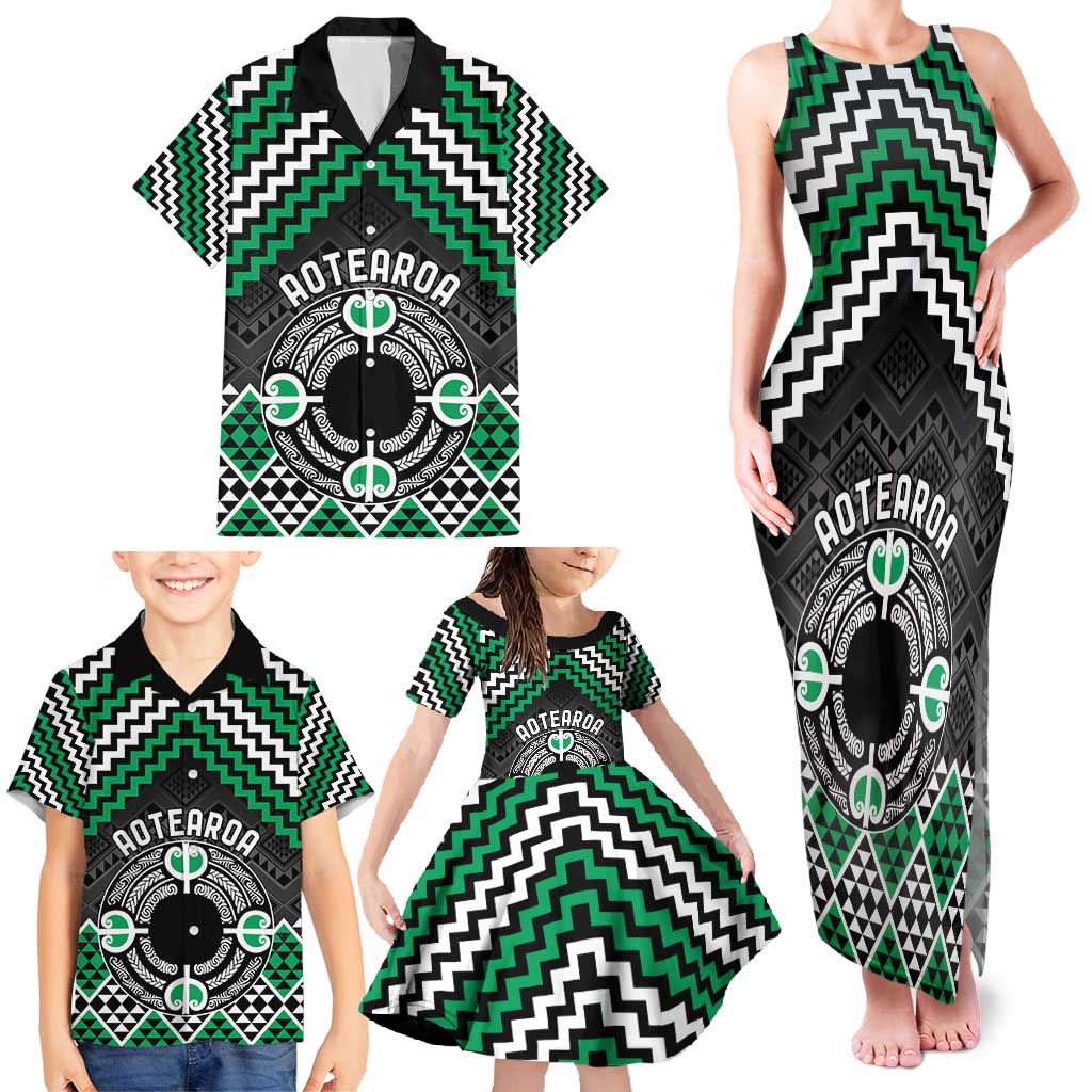 Personalised Aotearoa Niho Taniwha Motif Family Matching Tank Maxi Dress and Hawaiian Shirt Green Style