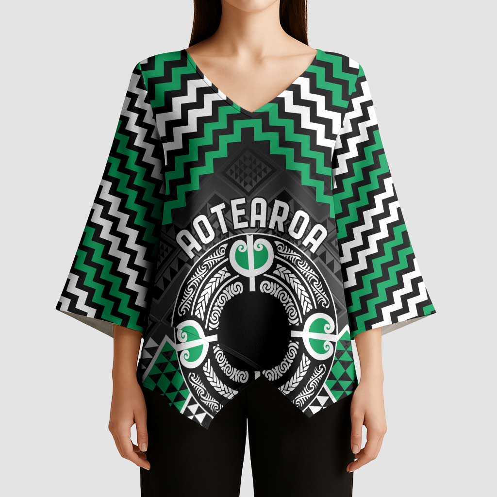 Personalised Aotearoa Niho Taniwha Motif Kimono Sleeve Blouse Green Style - Polynesian Pride