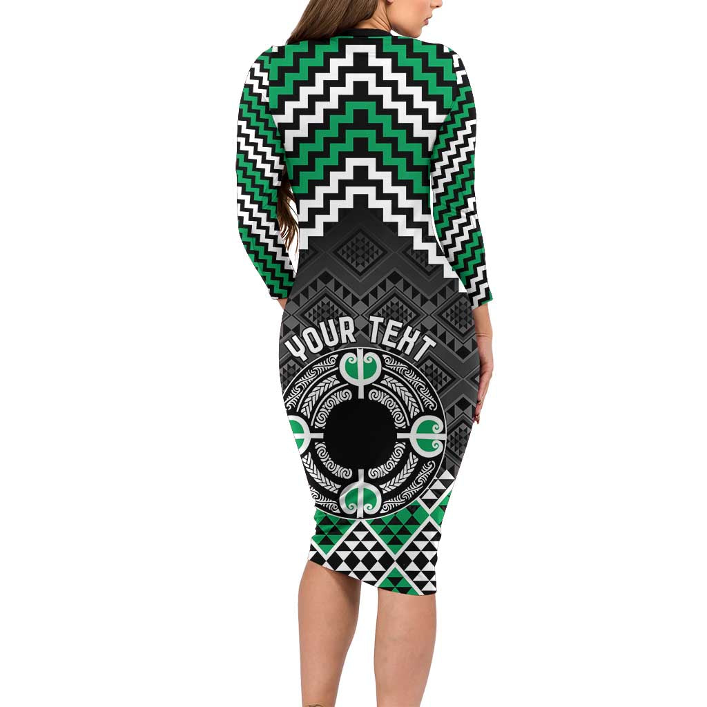 Personalised Aotearoa Niho Taniwha Motif Long Sleeve Bodycon Dress Green Style