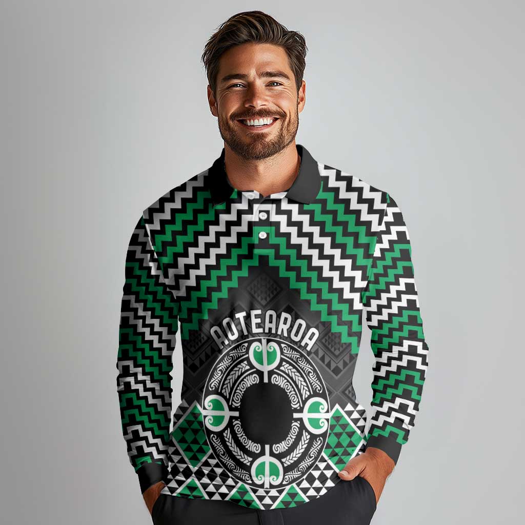 Personalised Aotearoa Niho Taniwha Motif Long Sleeve Polo Shirt Green Style LT9 - Polynesian Pride