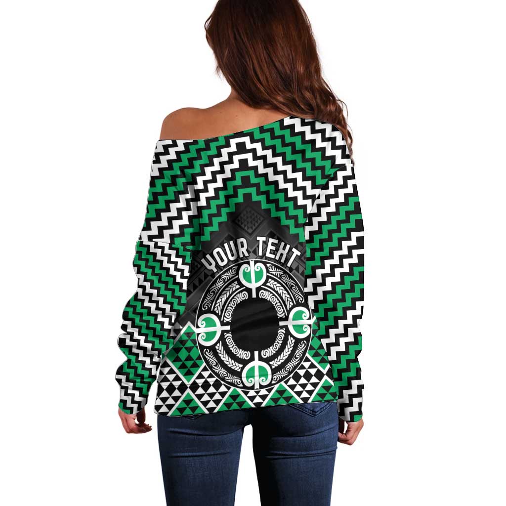 Personalised Aotearoa Niho Taniwha Motif Off Shoulder Sweater Green Style