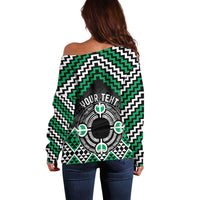 Personalised Aotearoa Niho Taniwha Motif Off Shoulder Sweater Green Style