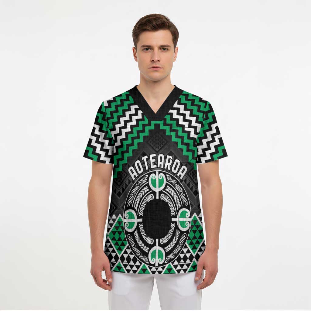 Personalised Aotearoa Niho Taniwha Motif Scrub Top Green Style - Polynesian Pride