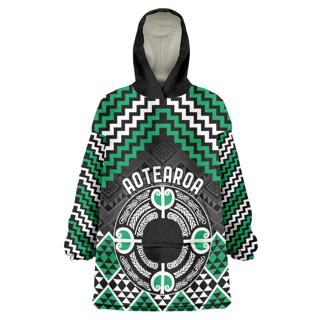 Personalised Aotearoa Niho Taniwha Motif Wearable Blanket Hoodie Green Style