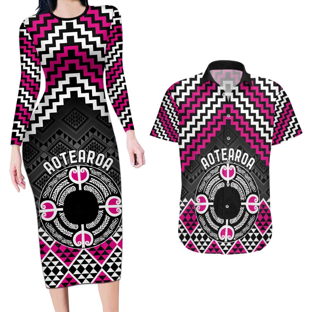 Personalised Aotearoa Niho Taniwha Motif Couples Matching Long Sleeve Bodycon Dress and Hawaiian Shirt Pink Style
