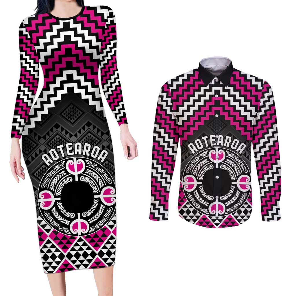 Personalised Aotearoa Niho Taniwha Motif Couples Matching Long Sleeve Bodycon Dress and Long Sleeve Button Shirt Pink Style