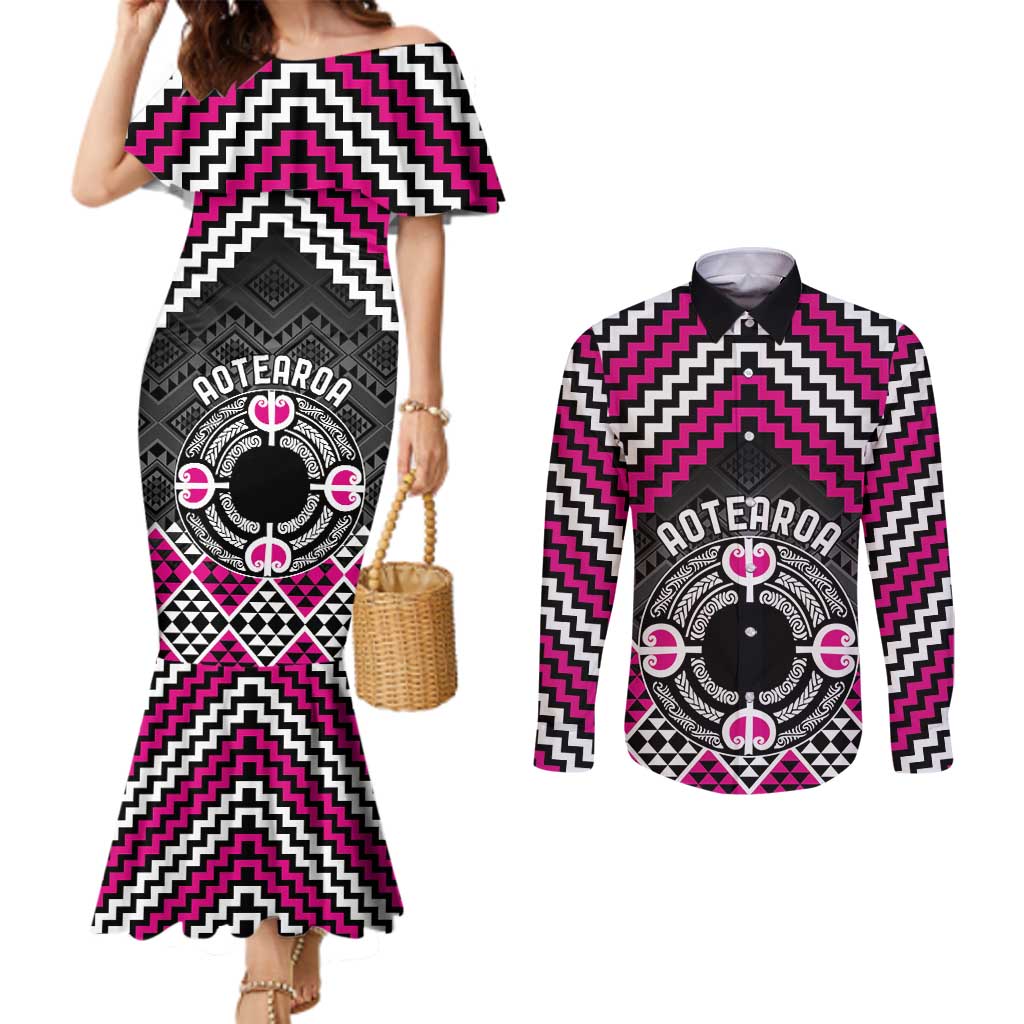 Personalised Aotearoa Niho Taniwha Motif Couples Matching Mermaid Dress and Long Sleeve Button Shirt Pink Style