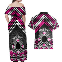 Personalised Aotearoa Niho Taniwha Motif Couples Matching Off Shoulder Maxi Dress and Hawaiian Shirt Pink Style
