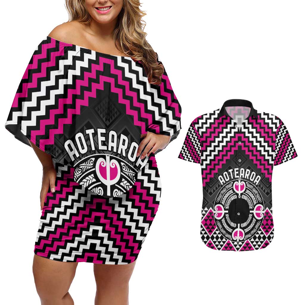Personalised Aotearoa Niho Taniwha Motif Couples Matching Off Shoulder Short Dress and Hawaiian Shirt Pink Style