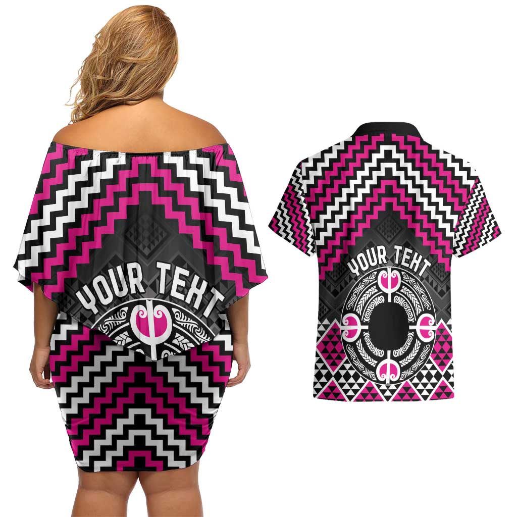 Personalised Aotearoa Niho Taniwha Motif Couples Matching Off Shoulder Short Dress and Hawaiian Shirt Pink Style