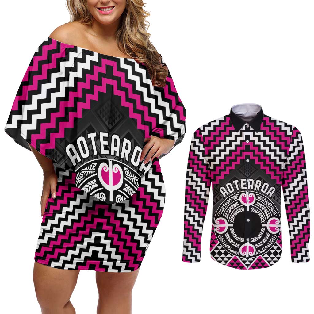 Personalised Aotearoa Niho Taniwha Motif Couples Matching Off Shoulder Short Dress and Long Sleeve Button Shirt Pink Style