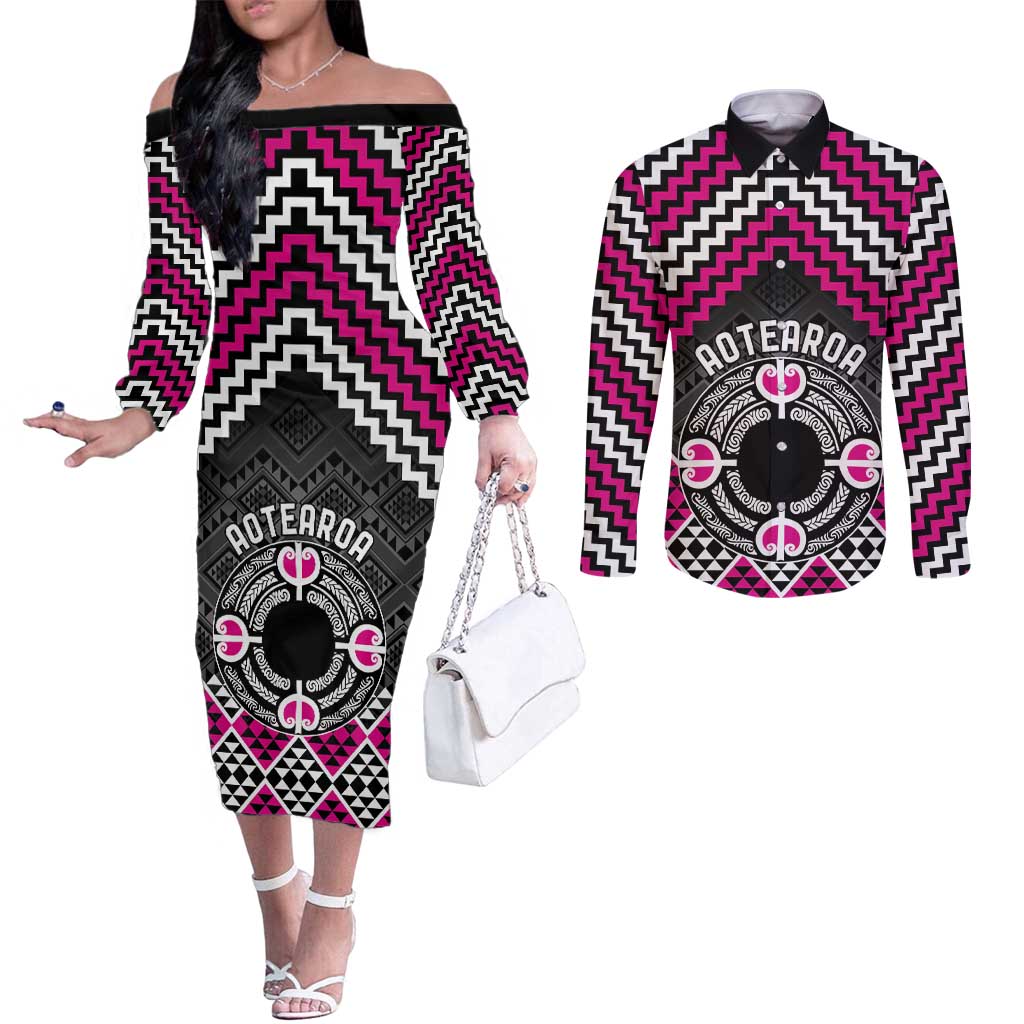 Personalised Aotearoa Niho Taniwha Motif Couples Matching Off The Shoulder Long Sleeve Dress and Long Sleeve Button Shirt Pink Style LT9 Pink - Polynesian Pride