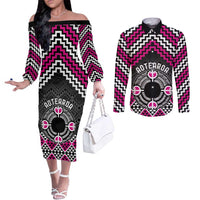 Personalised Aotearoa Niho Taniwha Motif Couples Matching Off The Shoulder Long Sleeve Dress and Long Sleeve Button Shirt Pink Style LT9 Pink - Polynesian Pride