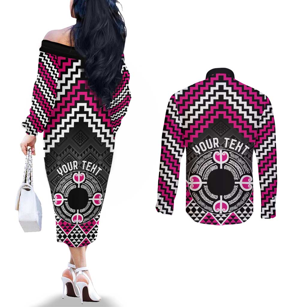 Personalised Aotearoa Niho Taniwha Motif Couples Matching Off The Shoulder Long Sleeve Dress and Long Sleeve Button Shirt Pink Style LT9 - Polynesian Pride