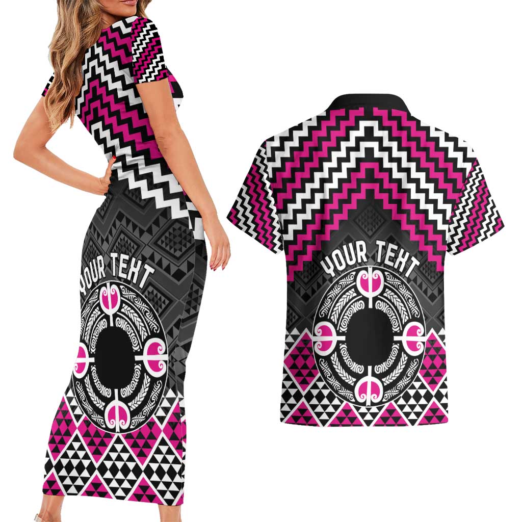 Personalised Aotearoa Niho Taniwha Motif Couples Matching Short Sleeve Bodycon Dress and Hawaiian Shirt Pink Style