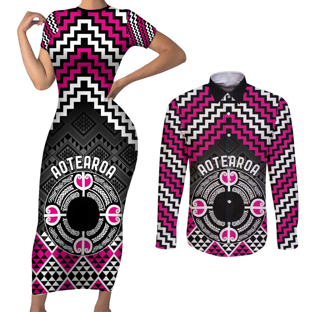 Personalised Aotearoa Niho Taniwha Motif Couples Matching Short Sleeve Bodycon Dress and Long Sleeve Button Shirt Pink Style LT9 Pink - Polynesian Pride