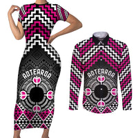Personalised Aotearoa Niho Taniwha Motif Couples Matching Short Sleeve Bodycon Dress and Long Sleeve Button Shirt Pink Style LT9 Pink - Polynesian Pride