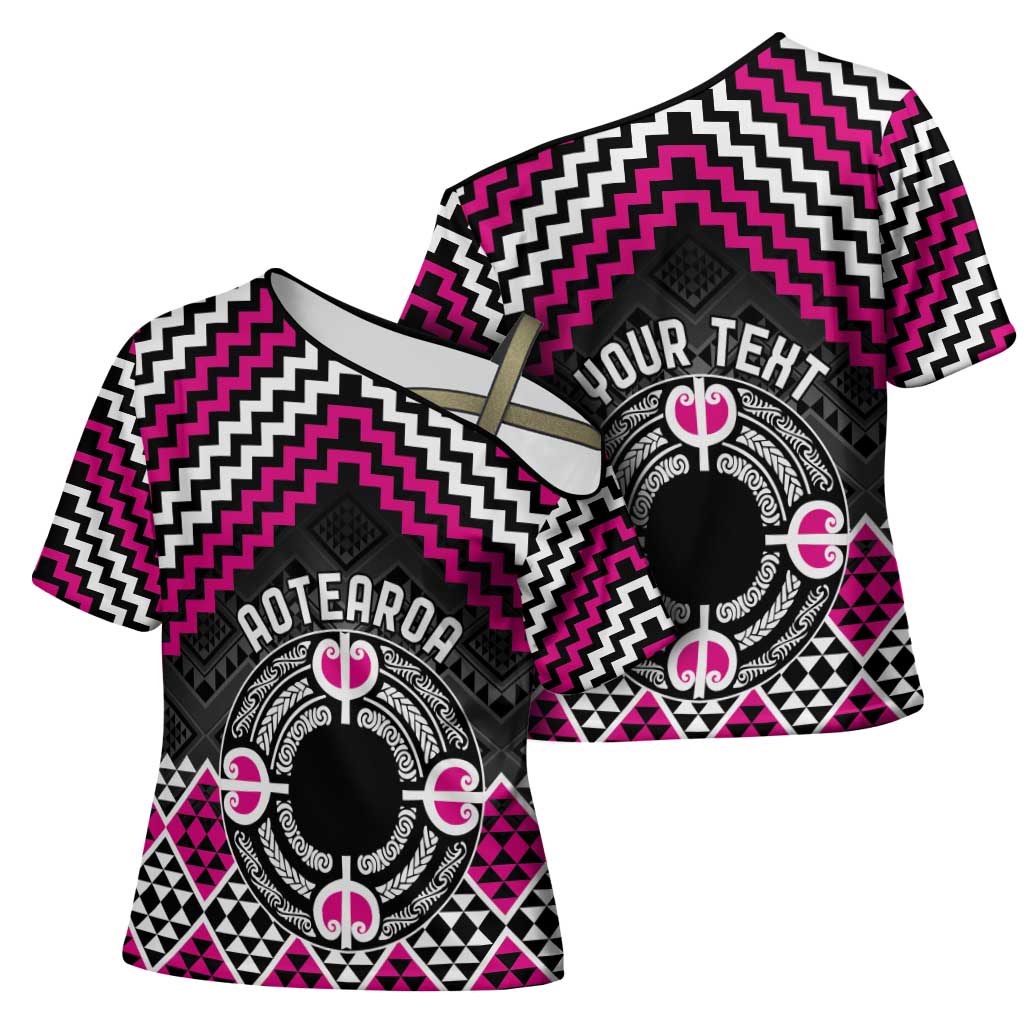 Personalised Aotearoa Niho Taniwha Motif Cross Shoulder Shirt Pink Style - Polynesian Pride
