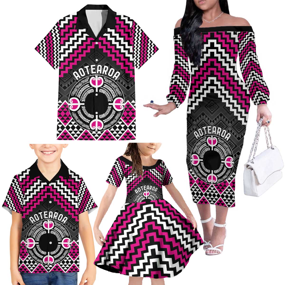Personalised Aotearoa Niho Taniwha Motif Family Matching Off The Shoulder Long Sleeve Dress and Hawaiian Shirt Pink Style