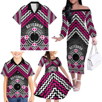 Personalised Aotearoa Niho Taniwha Motif Family Matching Off The Shoulder Long Sleeve Dress and Hawaiian Shirt Pink Style