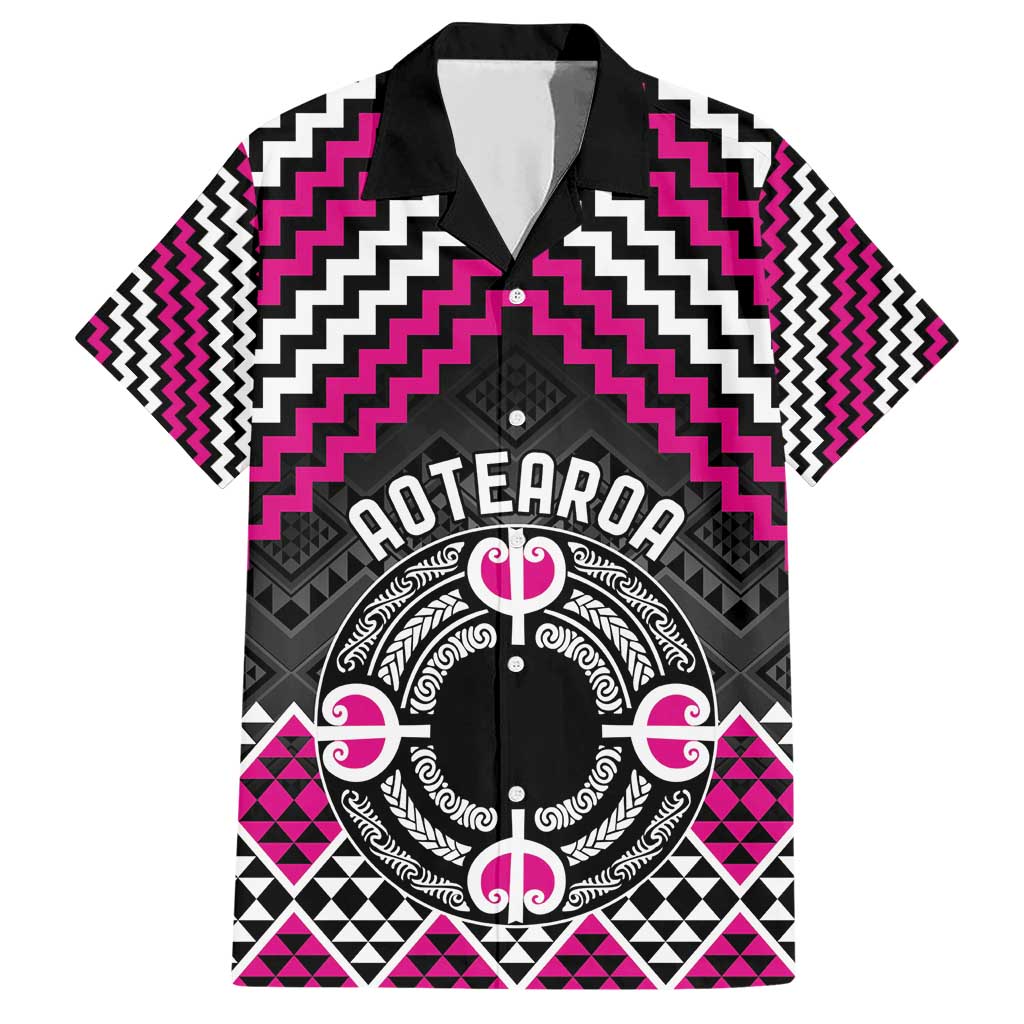 Personalised Aotearoa Niho Taniwha Motif Family Matching Short Sleeve Bodycon Dress and Hawaiian Shirt Pink Style