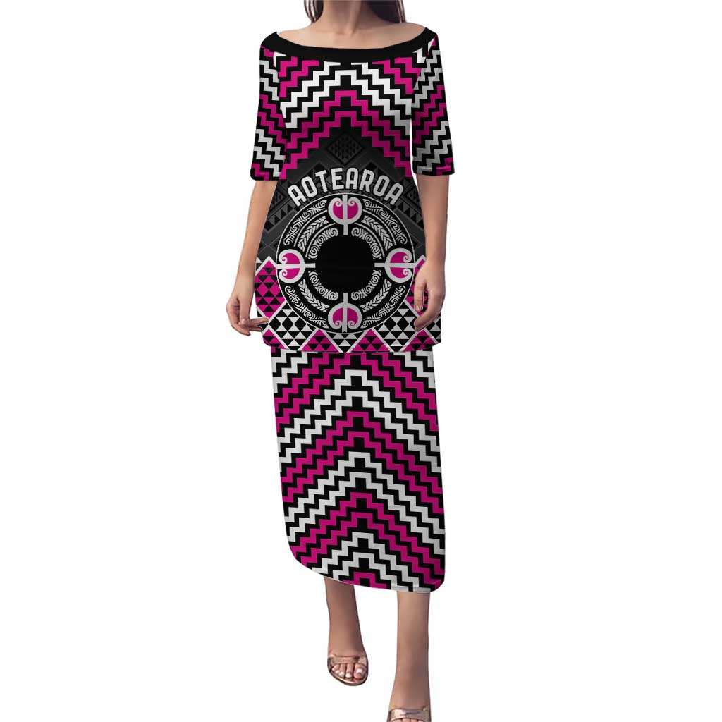 Personalised Aotearoa Niho Taniwha Motif Puletasi Pink Style