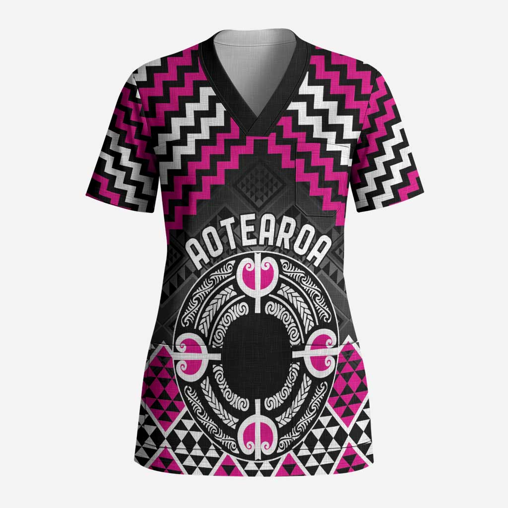 Personalised Aotearoa Niho Taniwha Motif Scrub Top Pink Style - Polynesian Pride
