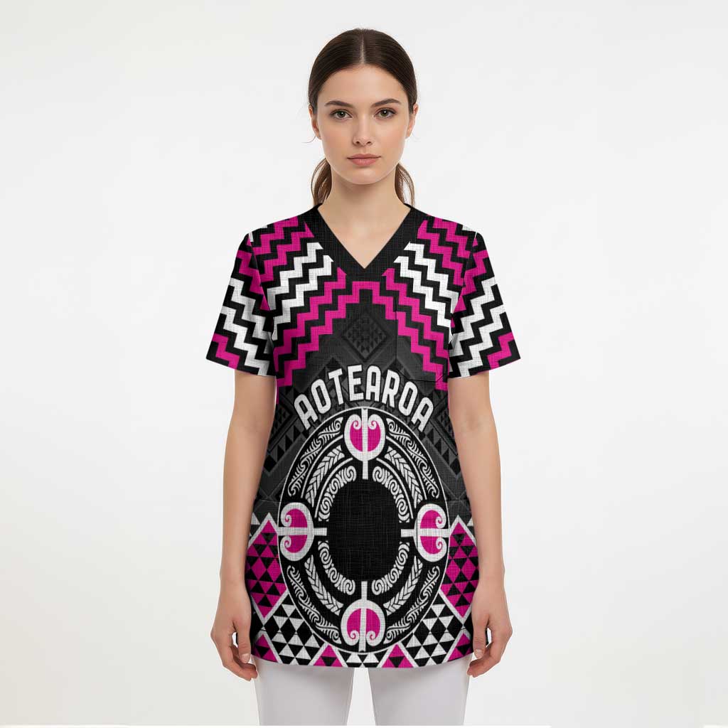 Personalised Aotearoa Niho Taniwha Motif Scrub Top Pink Style - Polynesian Pride