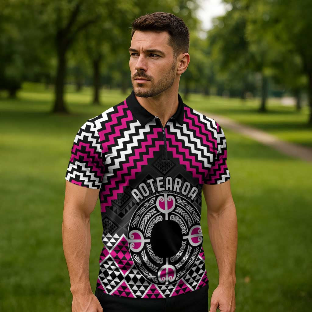 Personalised Aotearoa Niho Taniwha Motif Zipper Polo Shirt Pink Style - Polynesian Pride