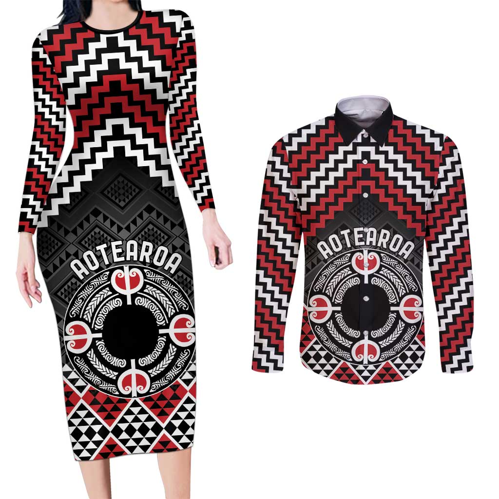 Personalised Aotearoa Niho Taniwha Motif Couples Matching Long Sleeve Bodycon Dress and Long Sleeve Button Shirt Red Style LT9 Red - Polynesian Pride