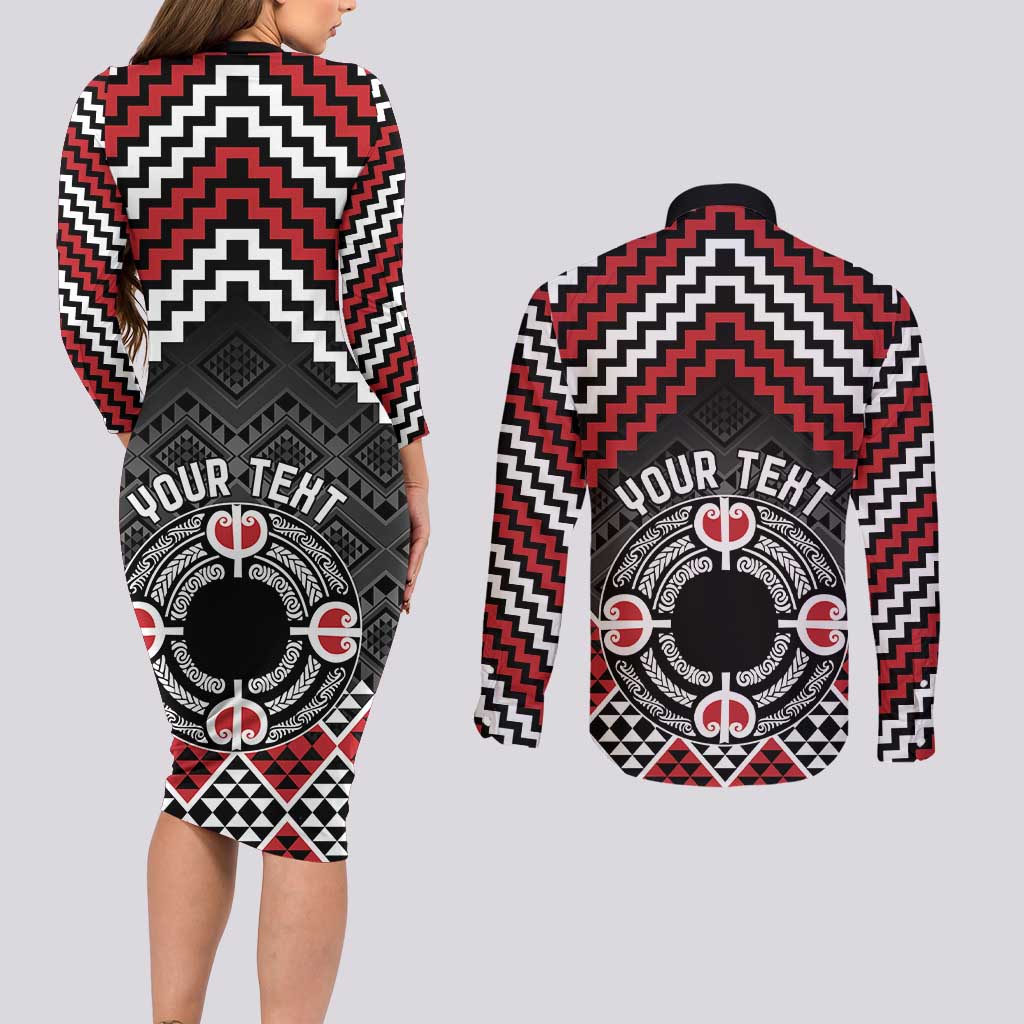 Personalised Aotearoa Niho Taniwha Motif Couples Matching Long Sleeve Bodycon Dress and Long Sleeve Button Shirt Red Style LT9 - Polynesian Pride