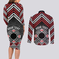 Personalised Aotearoa Niho Taniwha Motif Couples Matching Long Sleeve Bodycon Dress and Long Sleeve Button Shirt Red Style LT9 - Polynesian Pride