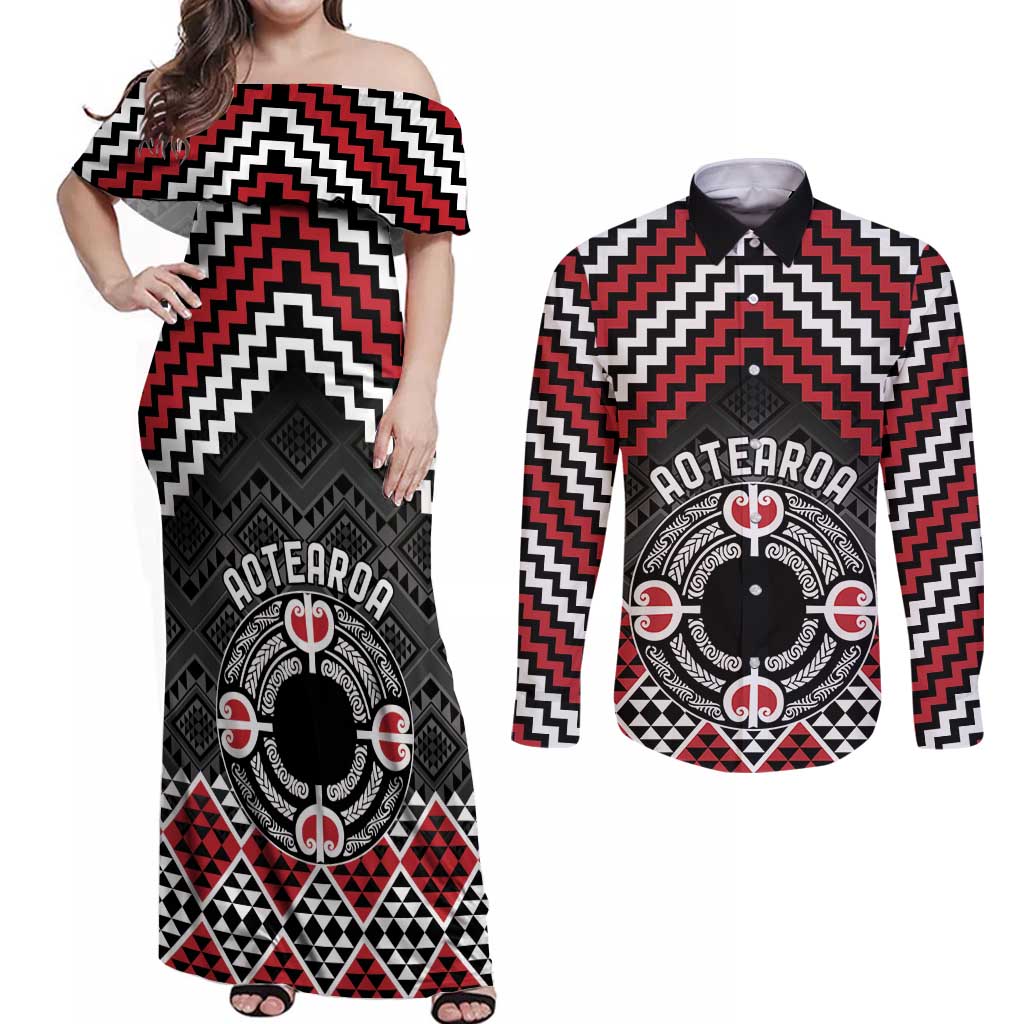 Personalised Aotearoa Niho Taniwha Motif Couples Matching Off Shoulder Maxi Dress and Long Sleeve Button Shirt Red Style
