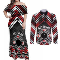 Personalised Aotearoa Niho Taniwha Motif Couples Matching Off Shoulder Maxi Dress and Long Sleeve Button Shirt Red Style