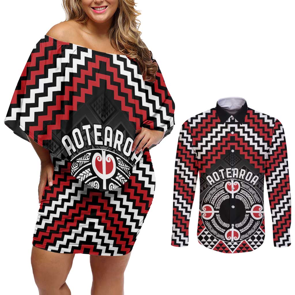 Personalised Aotearoa Niho Taniwha Motif Couples Matching Off Shoulder Short Dress and Long Sleeve Button Shirt Red Style