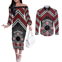 Personalised Aotearoa Niho Taniwha Motif Couples Matching Off The Shoulder Long Sleeve Dress and Long Sleeve Button Shirt Red Style