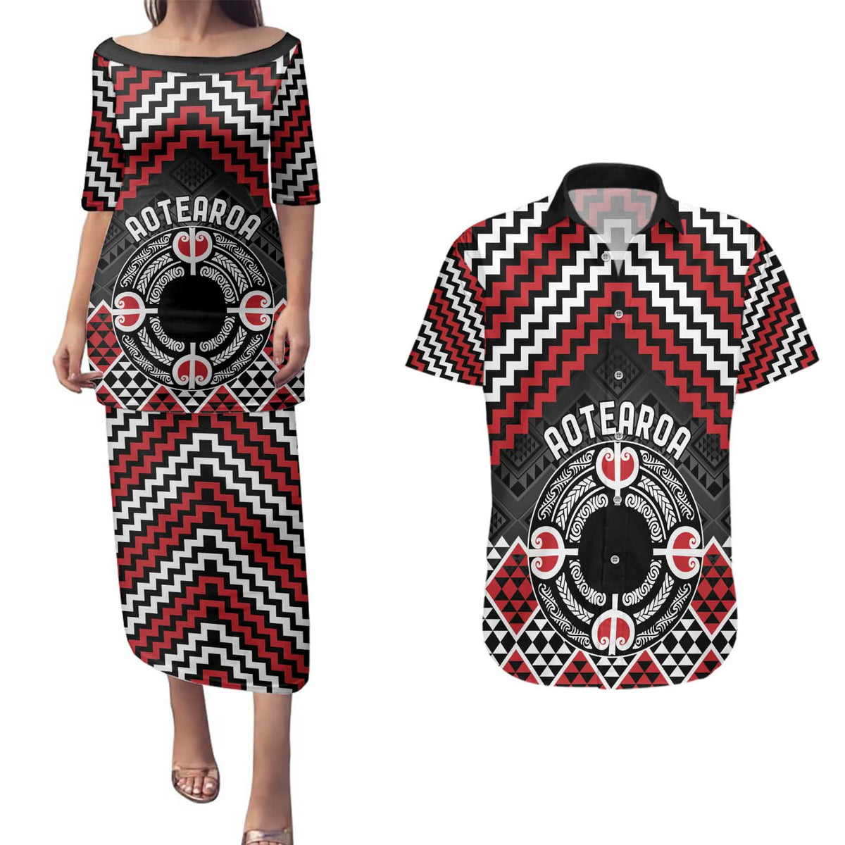Personalised Aotearoa Niho Taniwha Motif Couples Matching Puletasi and Hawaiian Shirt Red Style