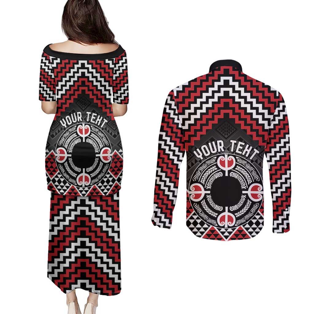 Personalised Aotearoa Niho Taniwha Motif Couples Matching Puletasi and Long Sleeve Button Shirt Red Style LT9 - Polynesian Pride
