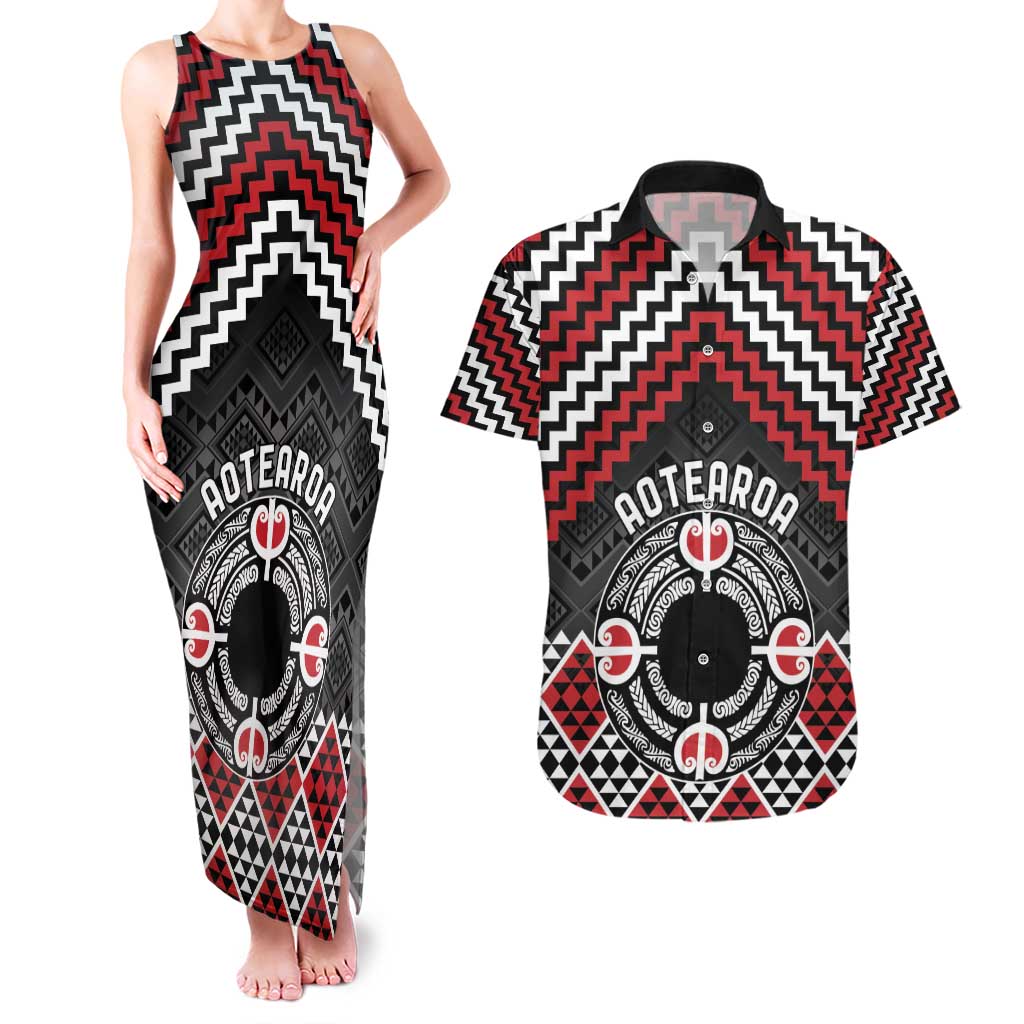 Personalised Aotearoa Niho Taniwha Motif Couples Matching Tank Maxi Dress and Hawaiian Shirt Red Style