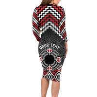 Personalised Aotearoa Niho Taniwha Motif Family Matching Long Sleeve Bodycon Dress and Hawaiian Shirt Red Style