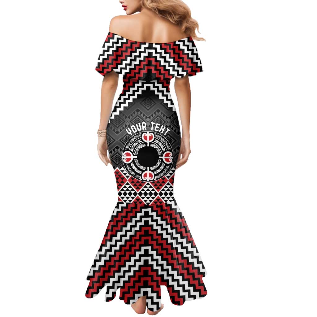 Personalised Aotearoa Niho Taniwha Motif Family Matching Mermaid Dress and Hawaiian Shirt Red Style