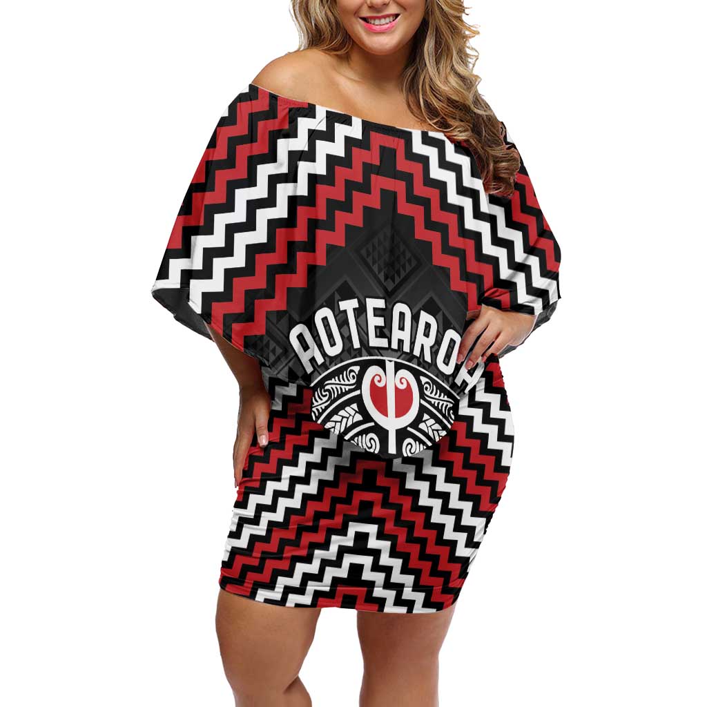 Personalised Aotearoa Niho Taniwha Motif Off Shoulder Short Dress Red Style