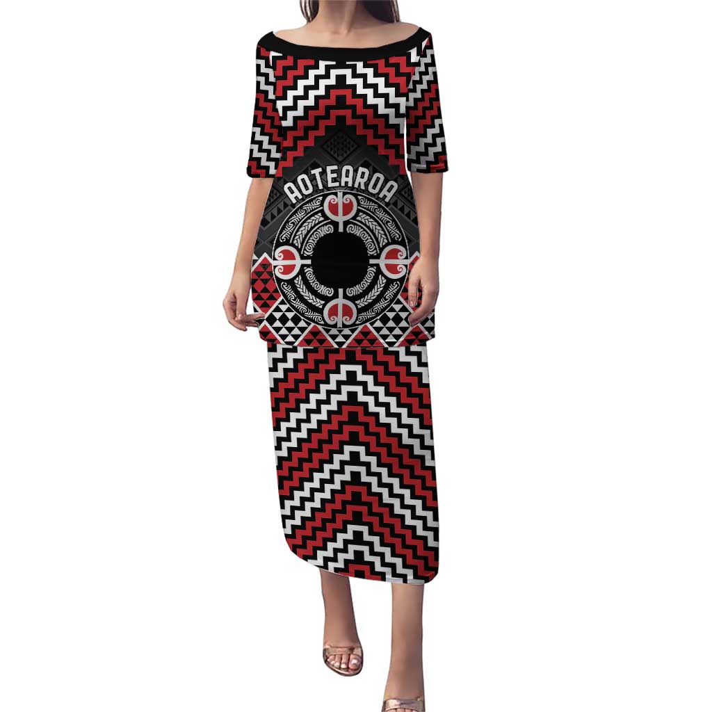 Personalised Aotearoa Niho Taniwha Motif Puletasi Red Style