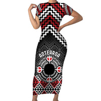Personalised Aotearoa Niho Taniwha Motif Short Sleeve Bodycon Dress Red Style LT9 Long Dress Red - Polynesian Pride